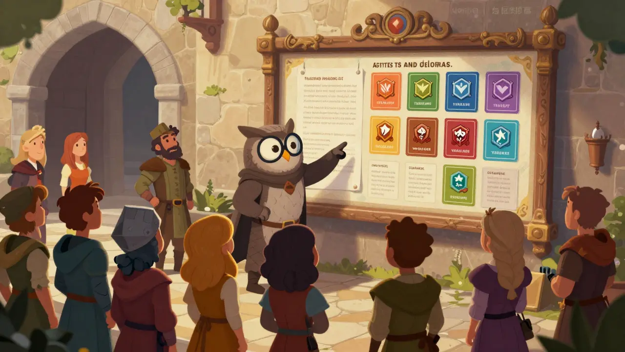 Fantasy characters gathering around a notice board displaying colorful NFT badges, illustrating community engagement and tiered rewards.