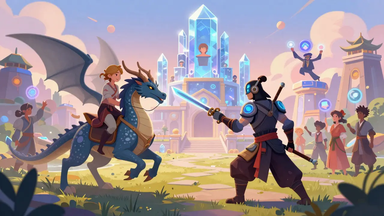 Fantasy characters sharing items in a decentralized metaverse