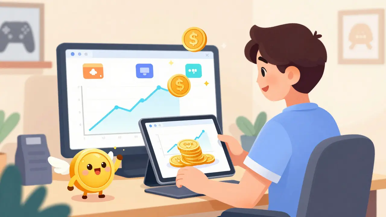 Gamer earning rewards and buying digital goods with crypto tokens