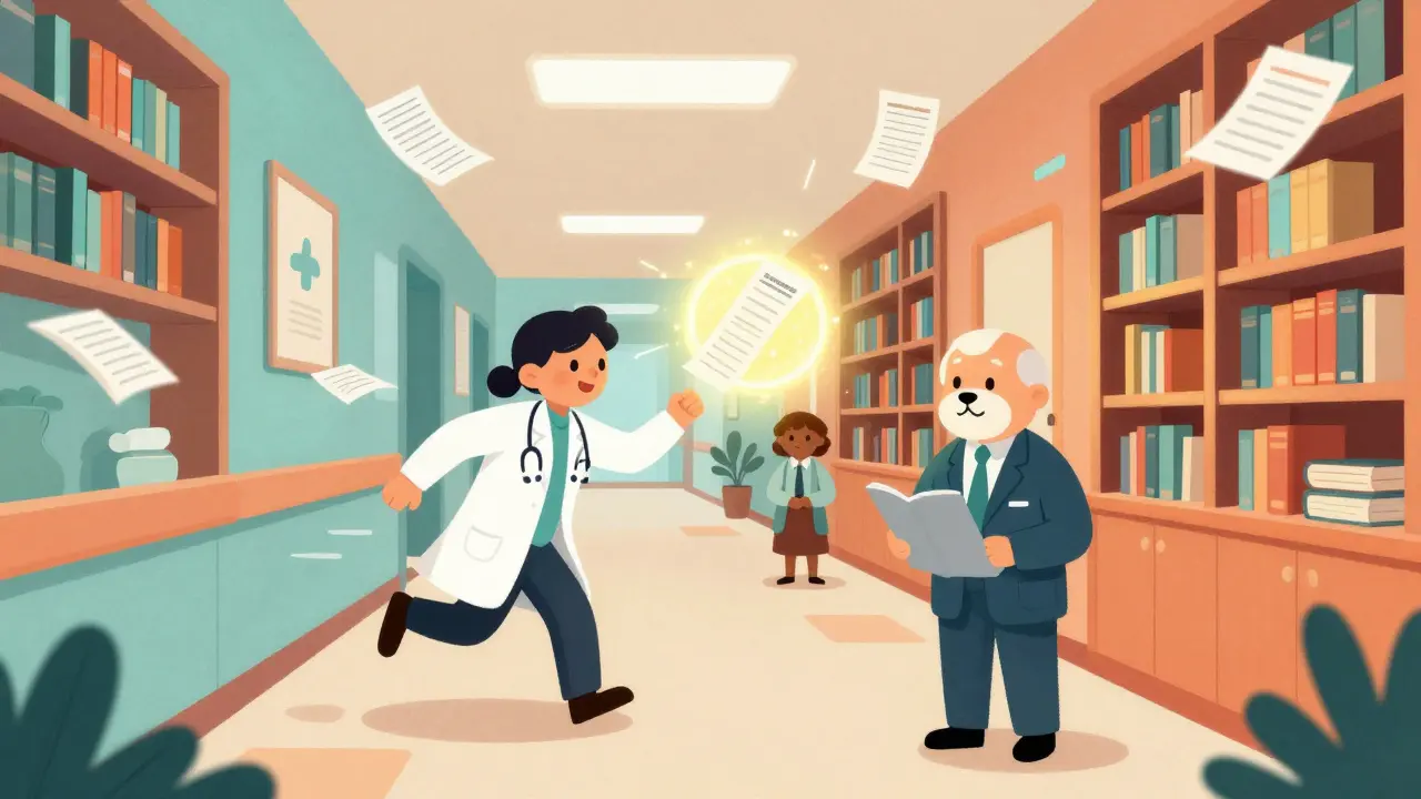 Glowing orbs flying between doctors and insurers, representing fast blockchain claims processing.