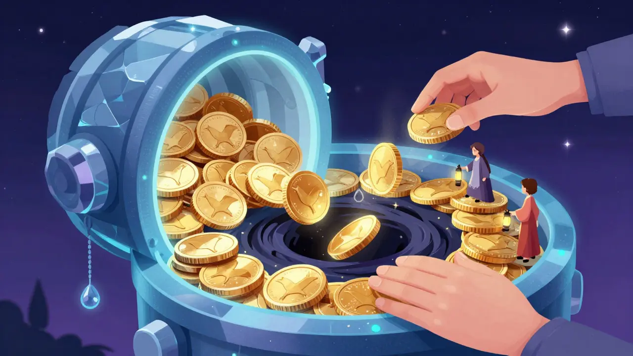 Golden coins being sorted and burned in a magical digital vault
