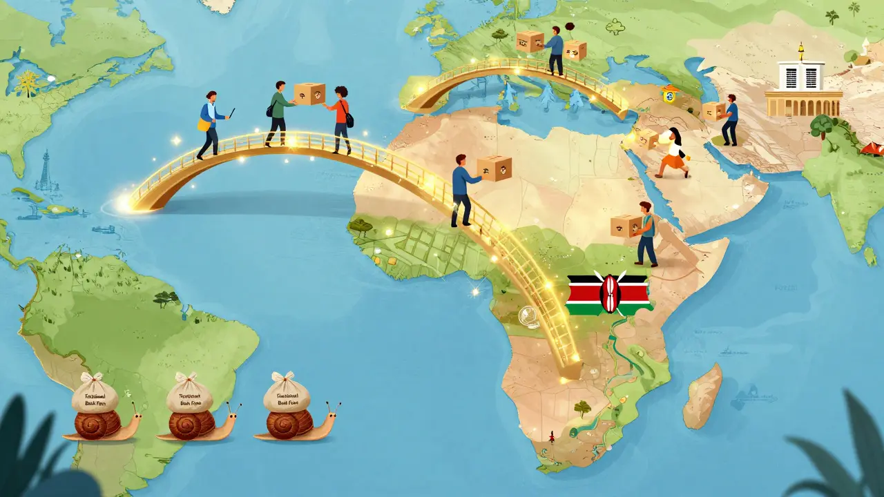 Golden digital bridges connecting African nations for instant, low-cost crypto transfers.