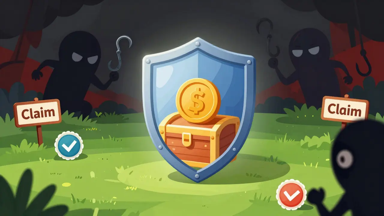 Illustration of a shield protecting assets from shadowy scammer figures in the dark.
