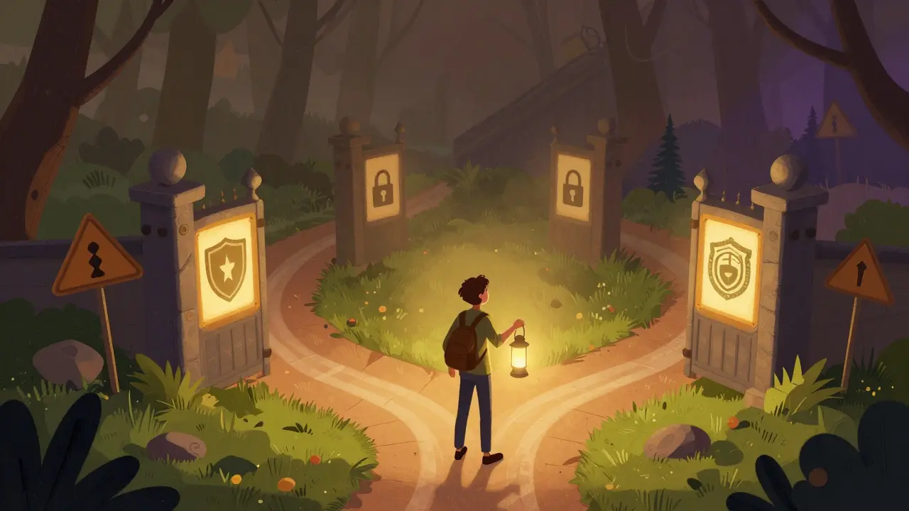 Illustration of a traveler choosing a safe, lit path over a dark, risky one.
