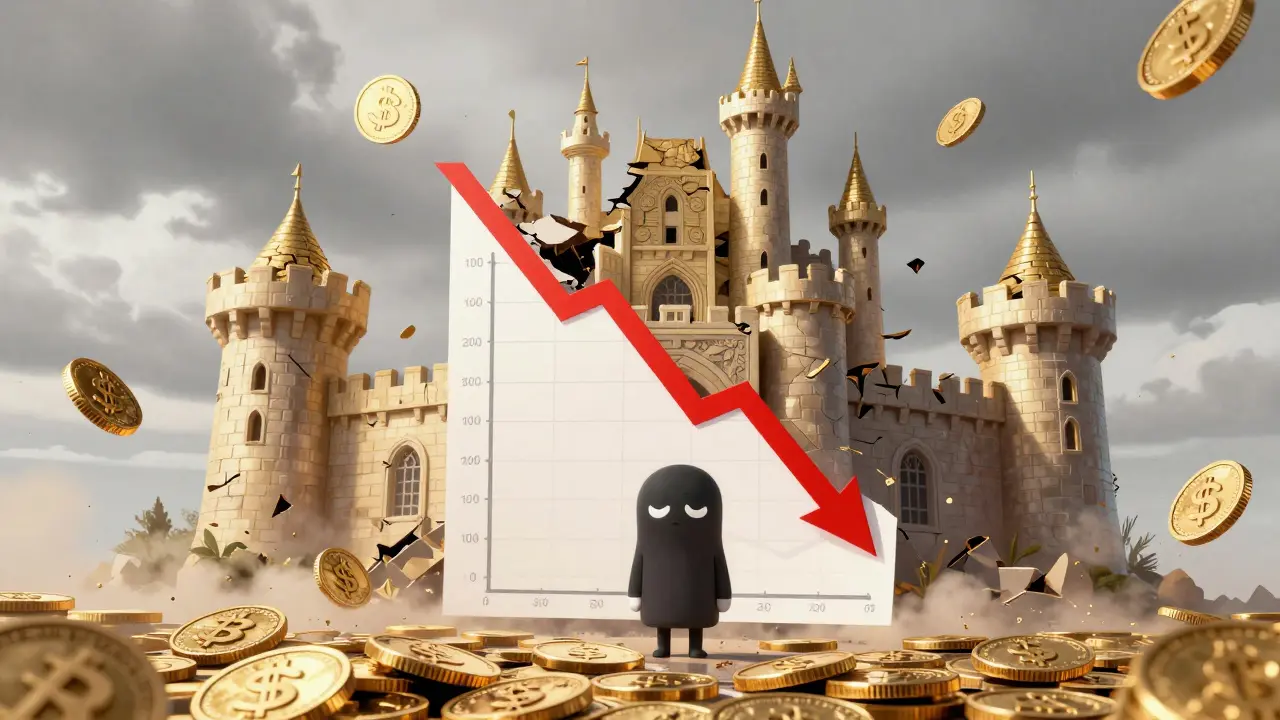 Illustration of crumbling gold coins and a plunging price chart showing the decline of the MOT token.