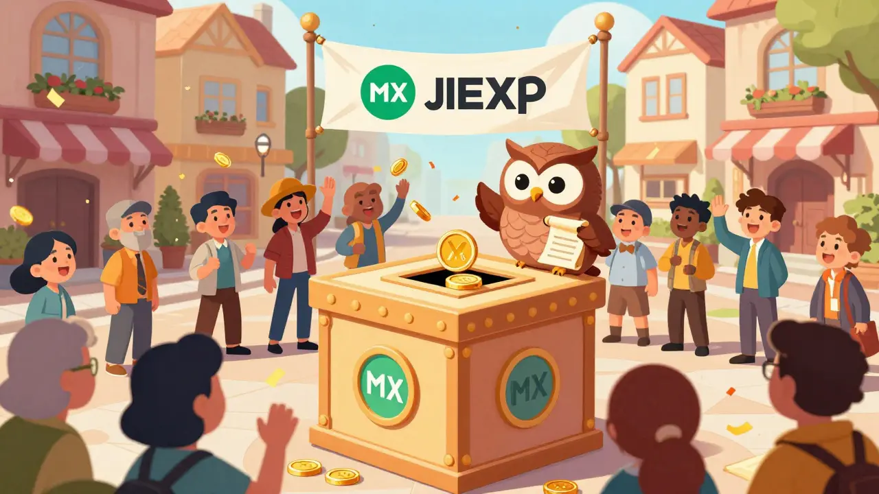 Illustration of users voting with MX tokens in a MEXC Kickstarter campaign scene.