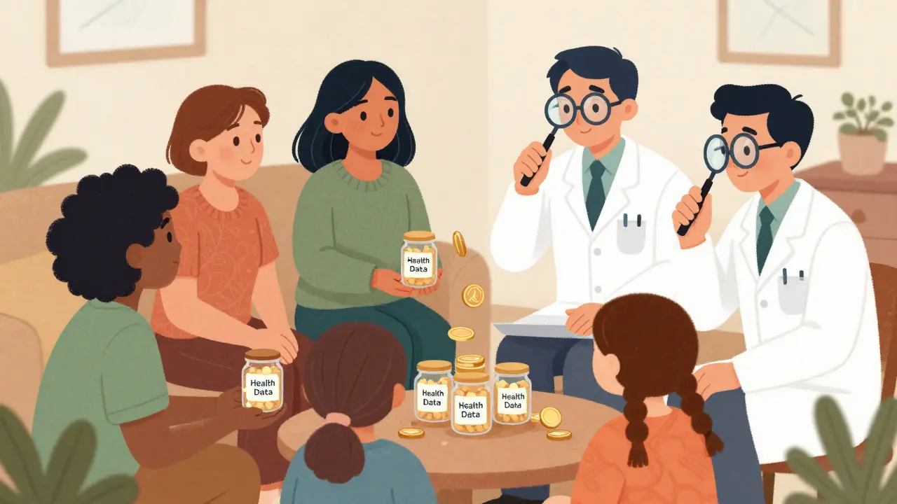 Patients exchanging sparkling data jars for coins with researchers, showing data monetization.