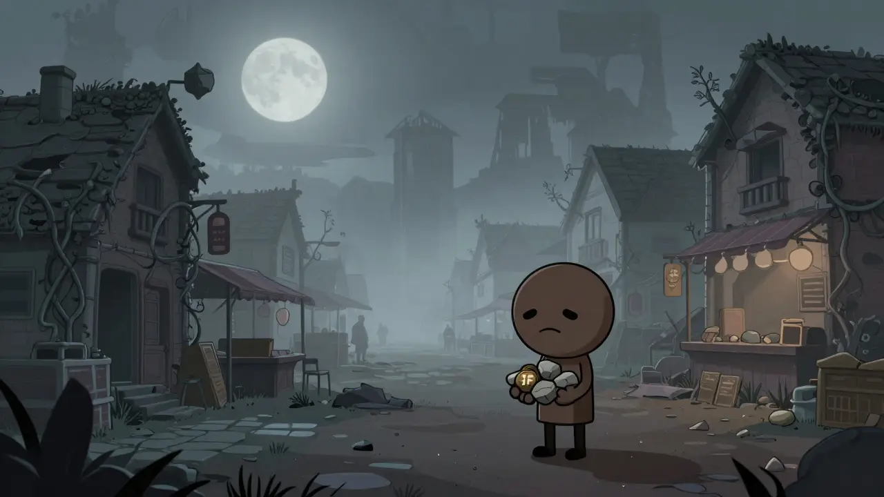 Sad cartoon character holding worthless tokens in an abandoned, foggy digital village.