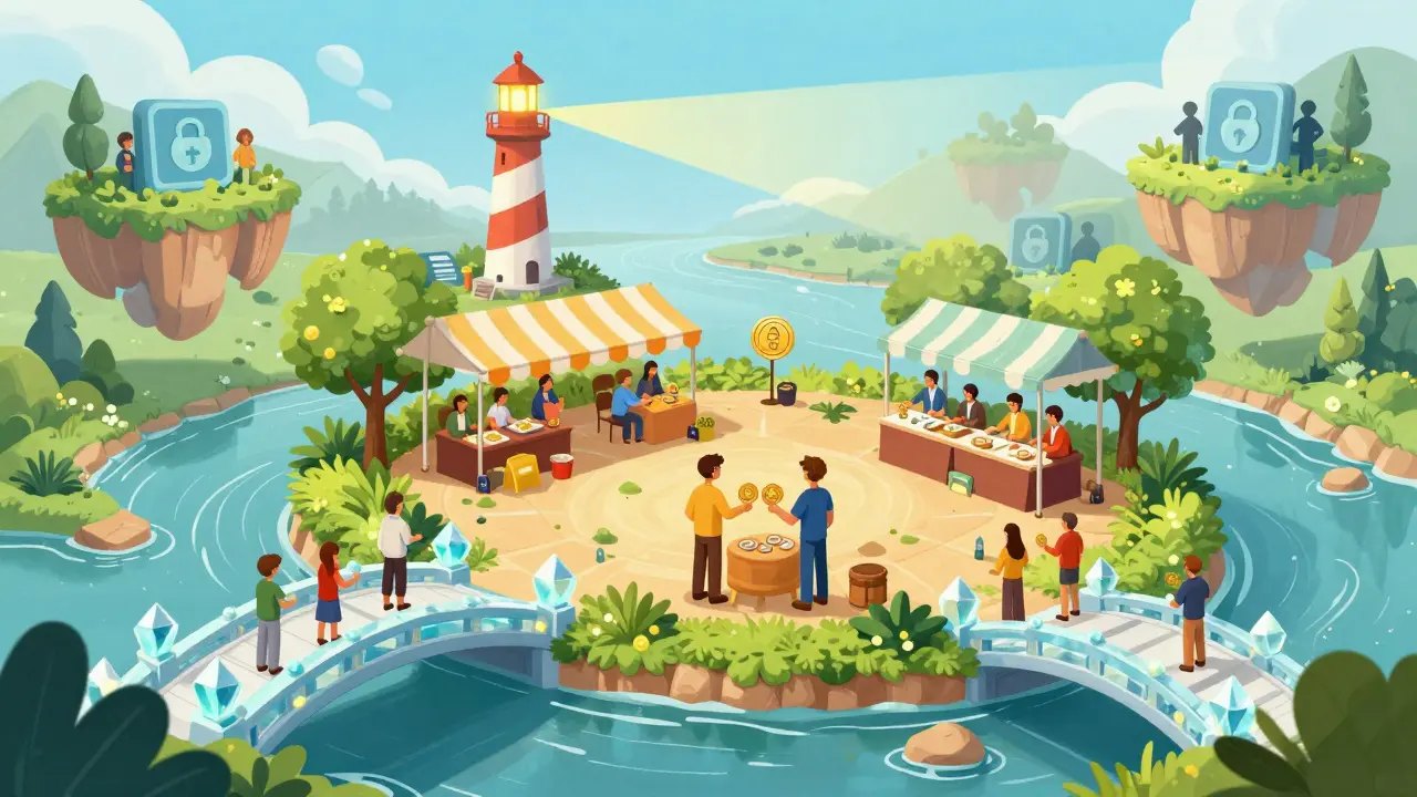Safe trading marketplace on crystal bridges with a lighthouse guiding users.
