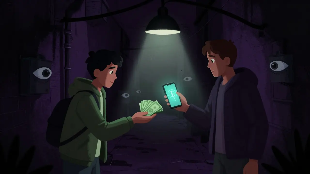 Shady P2P crypto trade in a dark alley