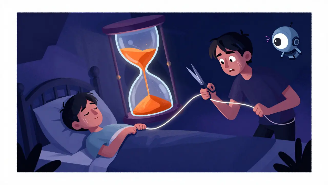Sleeping user connected by a thread to a mischievous actor with scissors