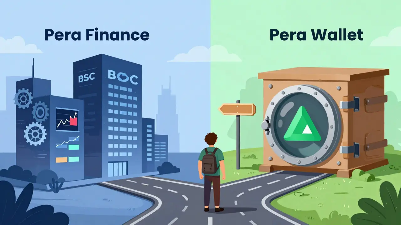 Split illustration distinguishing Pera Finance from Pera Wallet.