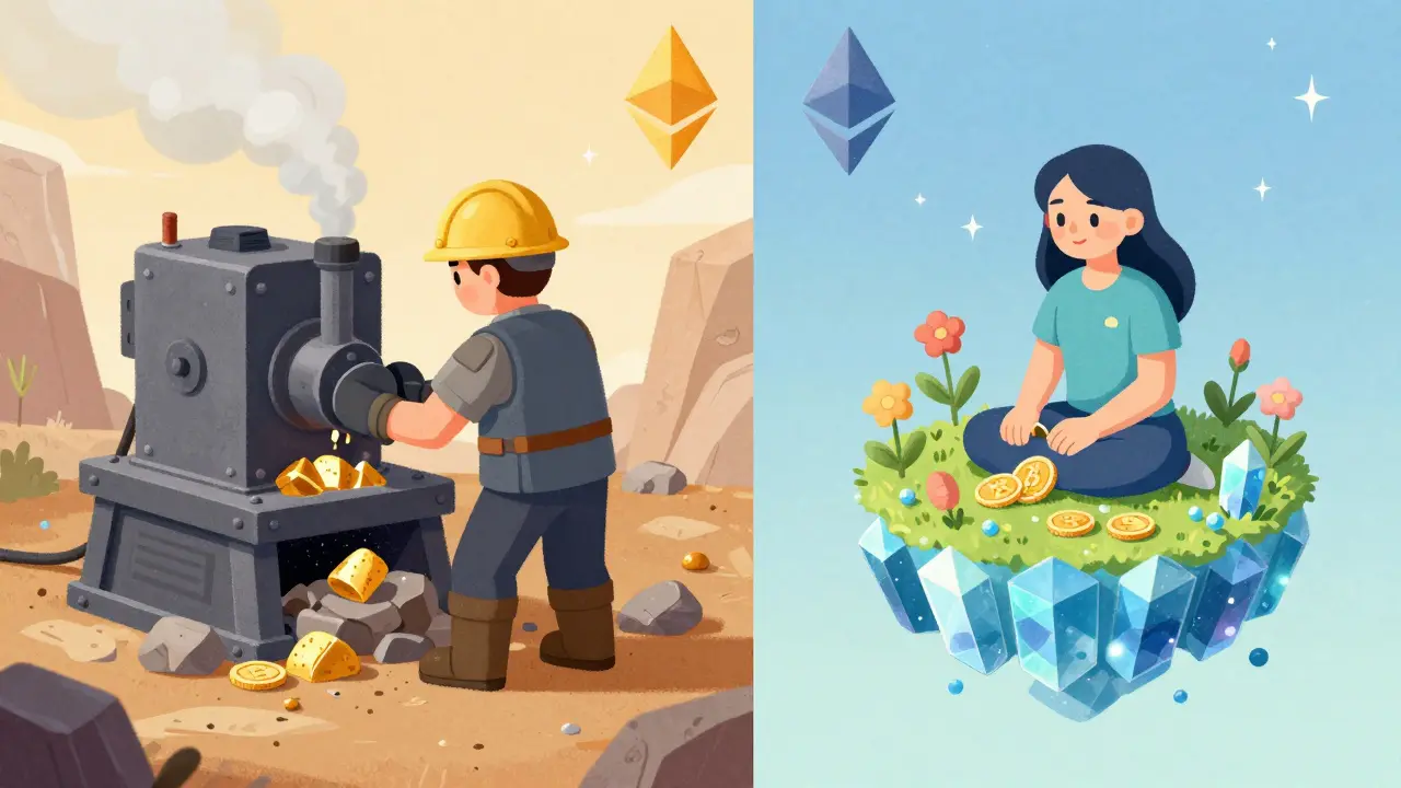 Split illustration showing Bitcoin mining machinery versus Ethereum staking validators.