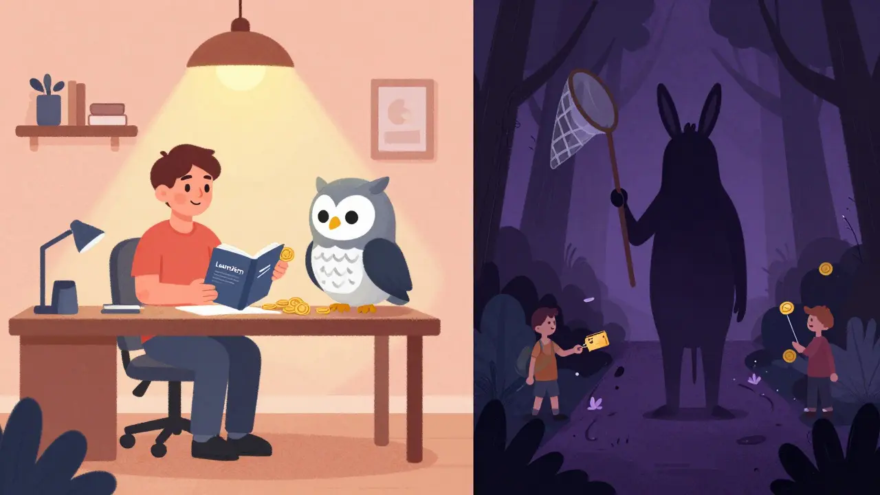 Split illustration showing safe learning rewards versus dark scam traps.