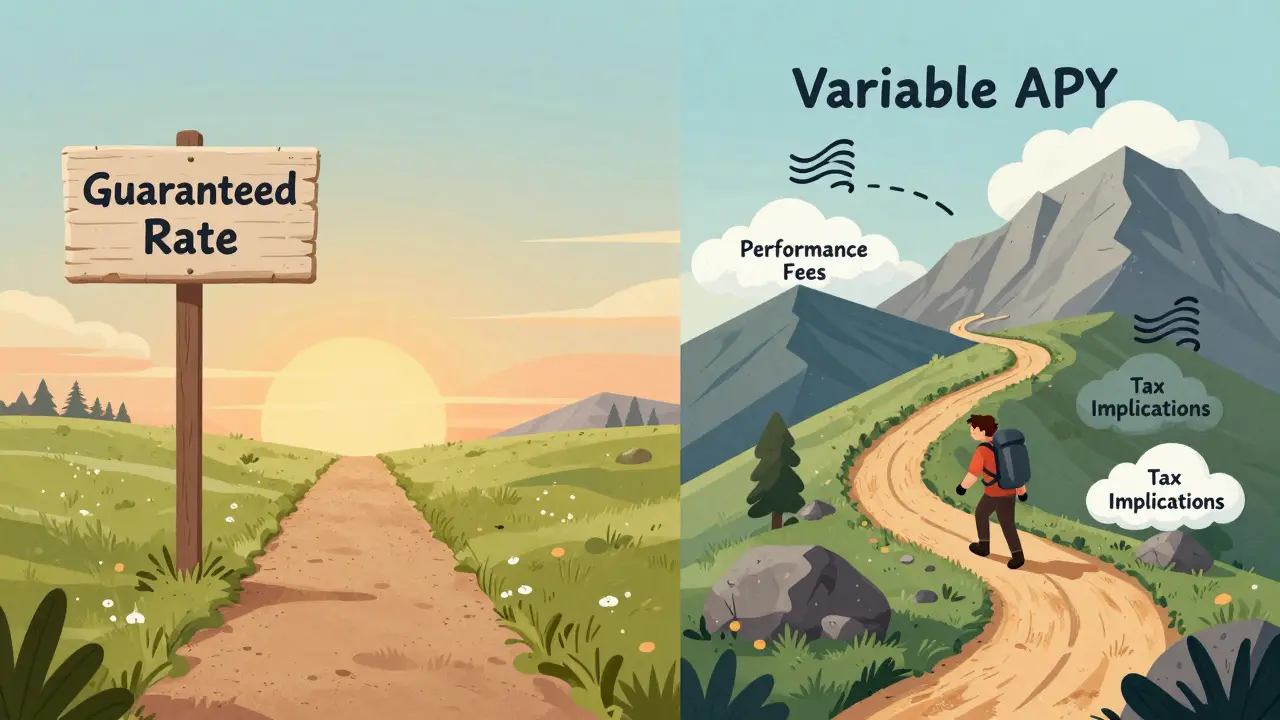 Split scene comparing guaranteed vs variable staking reward paths.