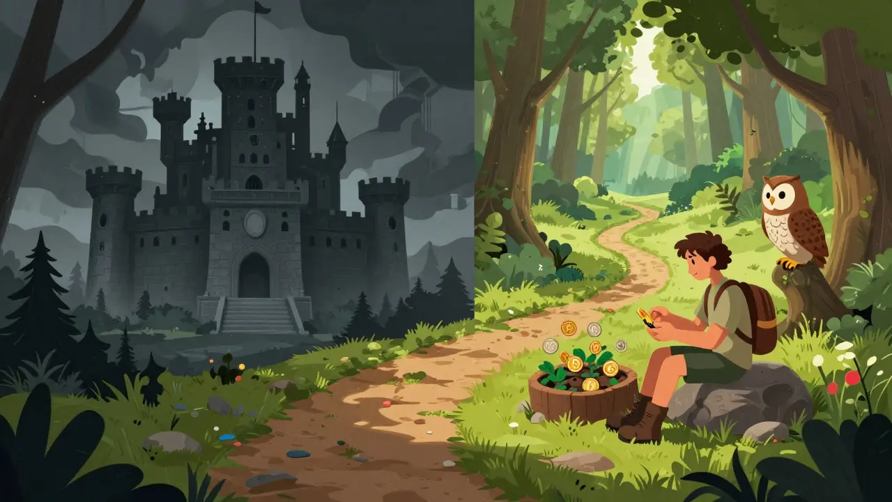 Storybook art contrasting a dark centralized castle with a safe, open path for self-custody crypto trading.