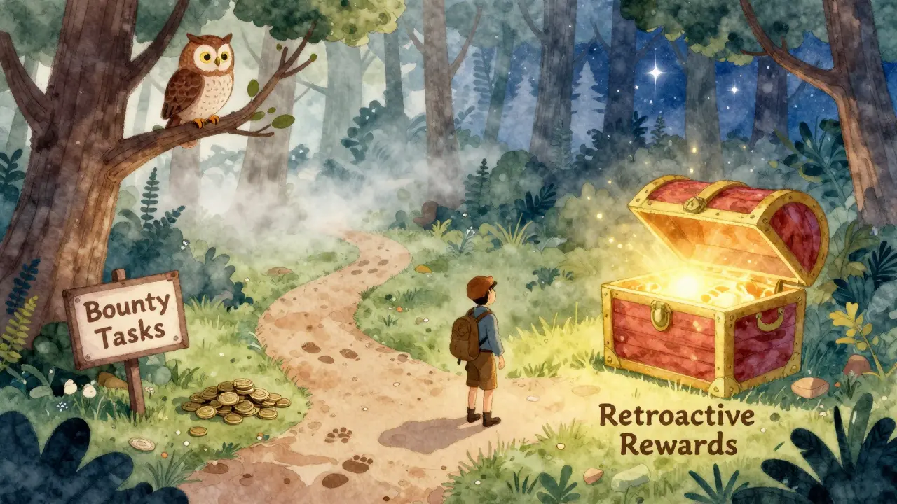 Traveler choosing between bounty and retroactive airdrop paths in a whimsical forest.