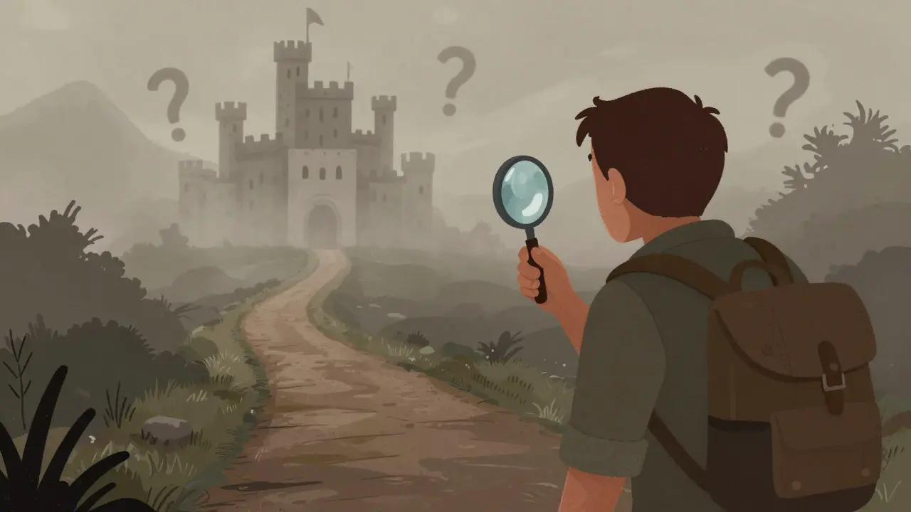 Traveler inspecting a risky path with magnifier