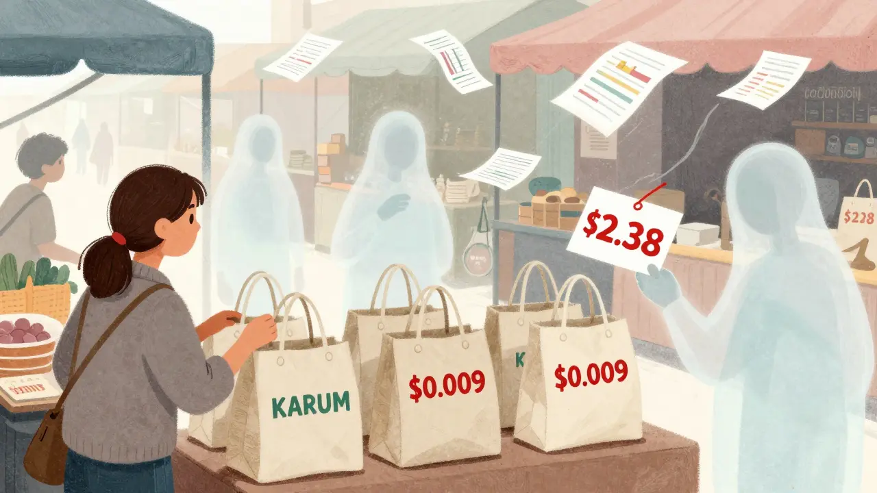 Whimsical art showing confusing price tags on Karum tokens in a market