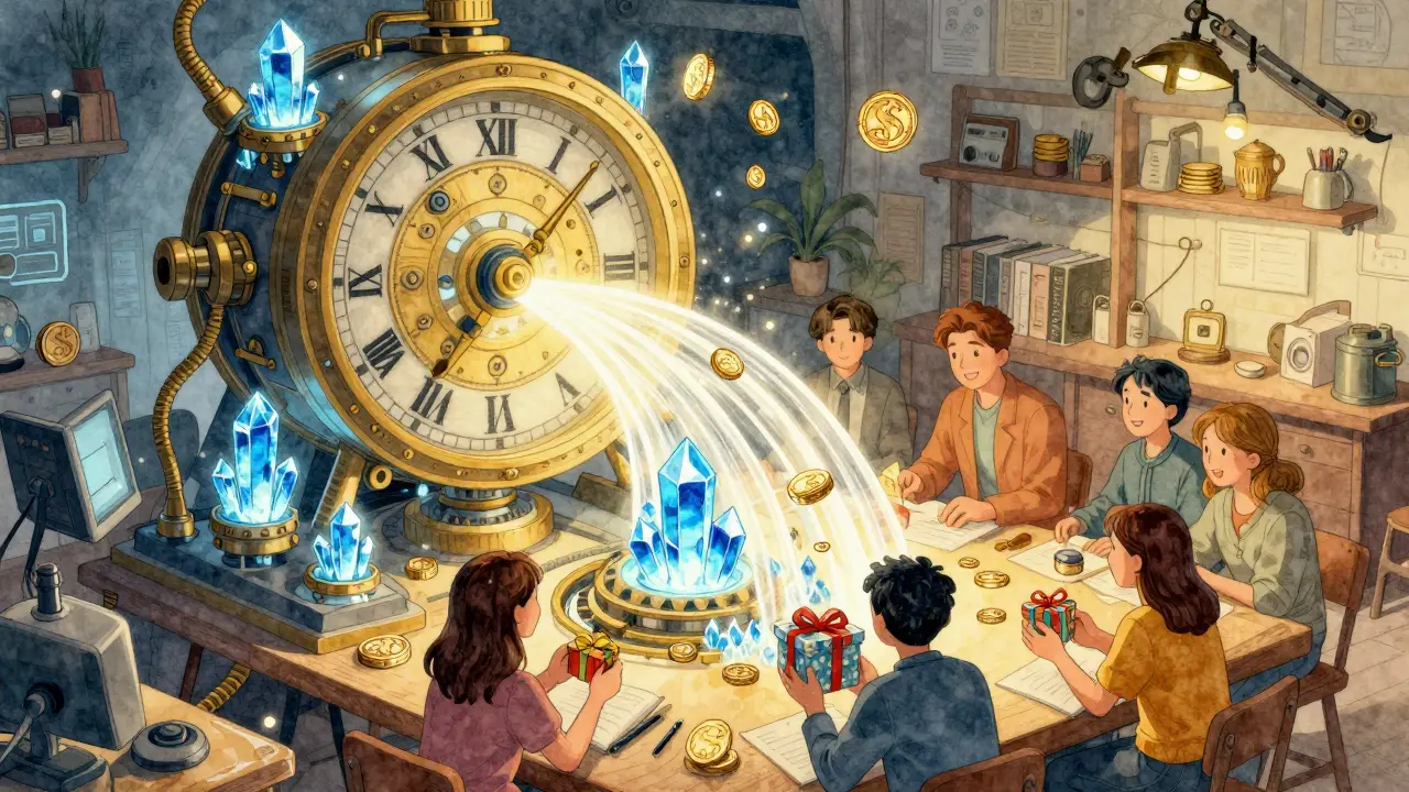 Whimsical drawing of an AI engine rewarding users for social engagement with light.