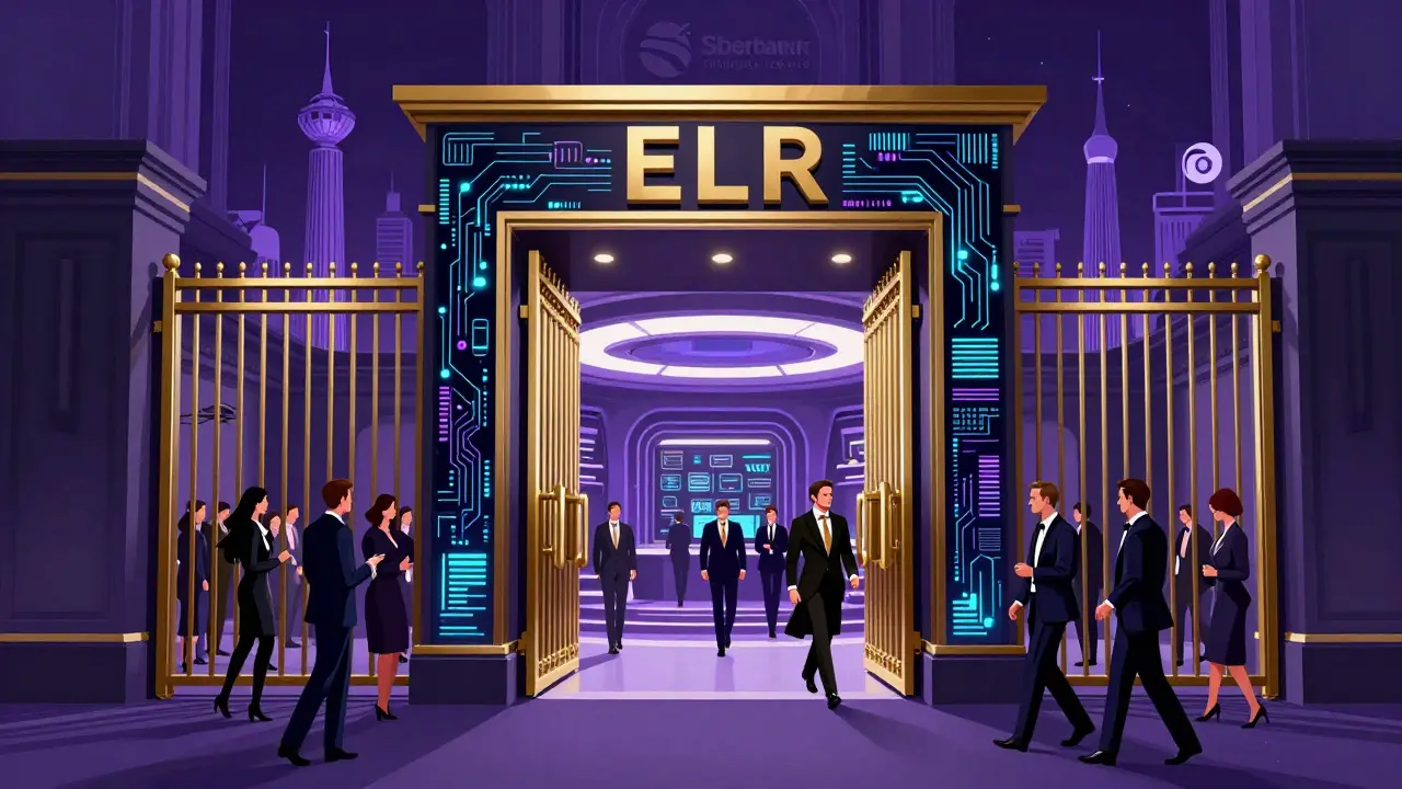 Whimsical drawing of an exclusive club gate separating wealthy investors from the public.