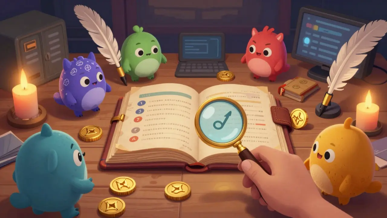 Whimsical drawing of blockchain creatures aggregating trades at a magical desk, representing decentralized liquidity.