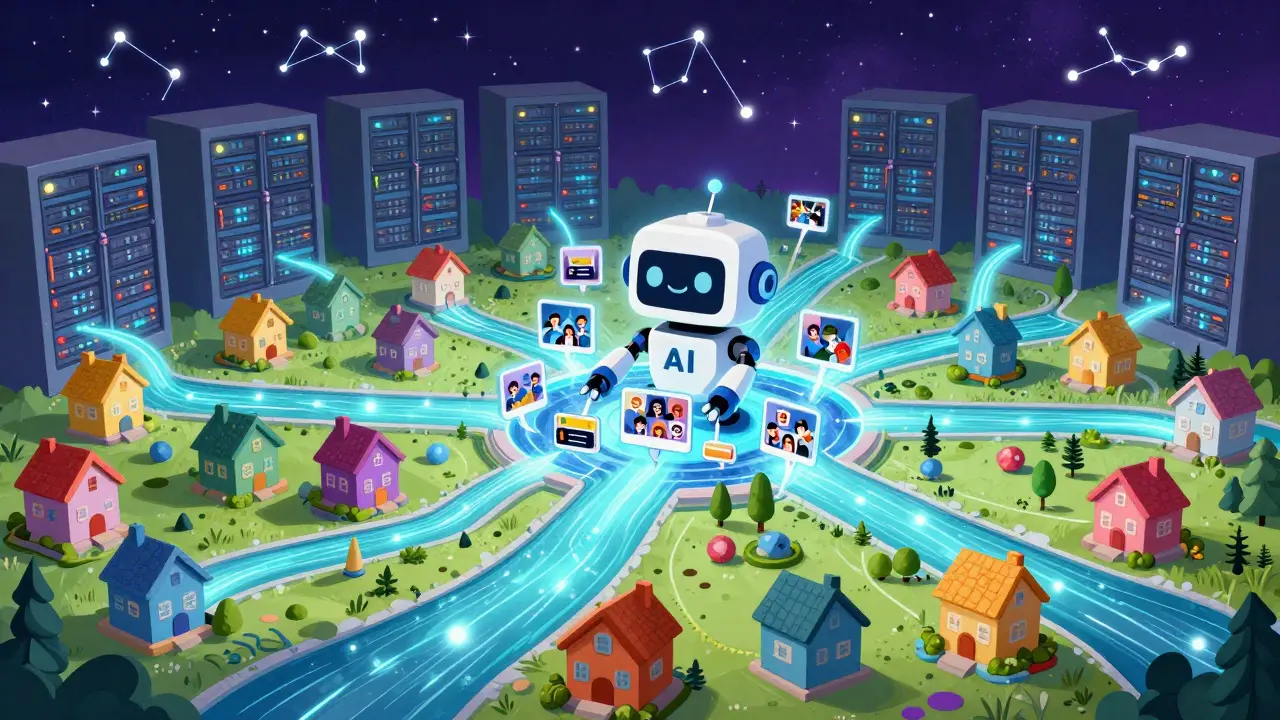 Whimsical illustration of a decentralized AI supercomputer network
