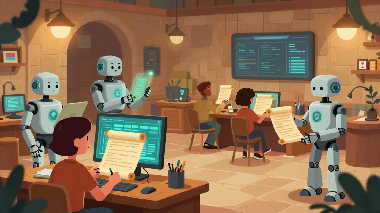 Whimsical scene of users trading synthetic assets with helpful robot guides in a safe market.