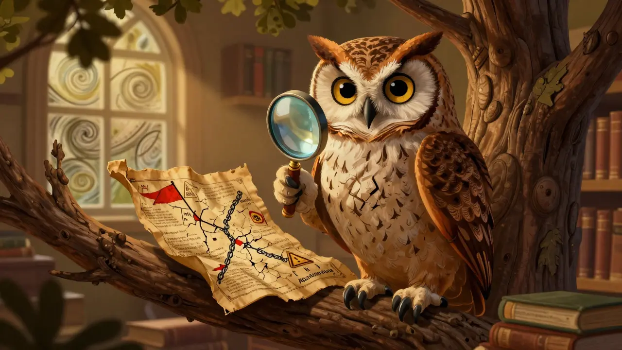 Wise owl inspecting a suspicious map with red flags