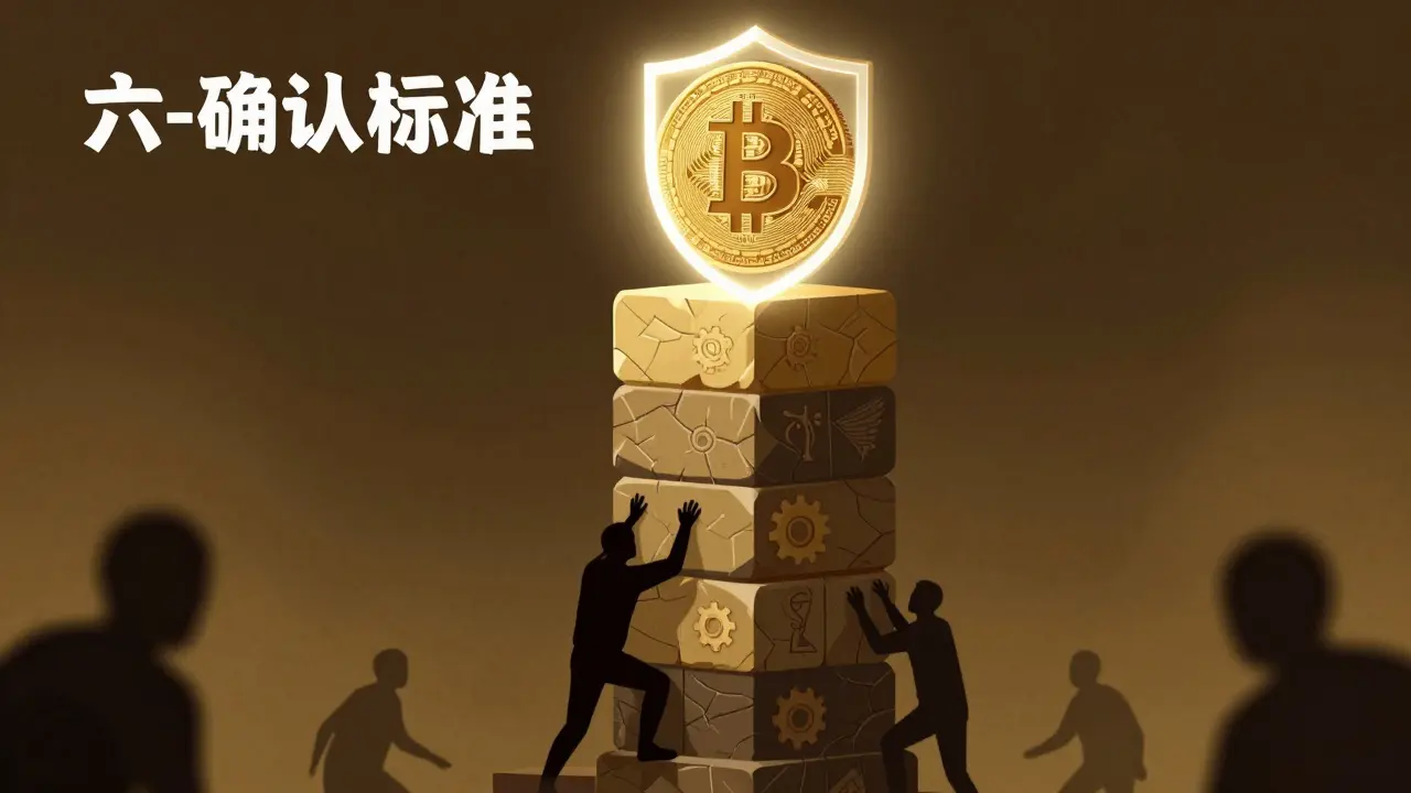 A Bitcoin coin secured atop a six-block tower, protected from shadowy attackers below.