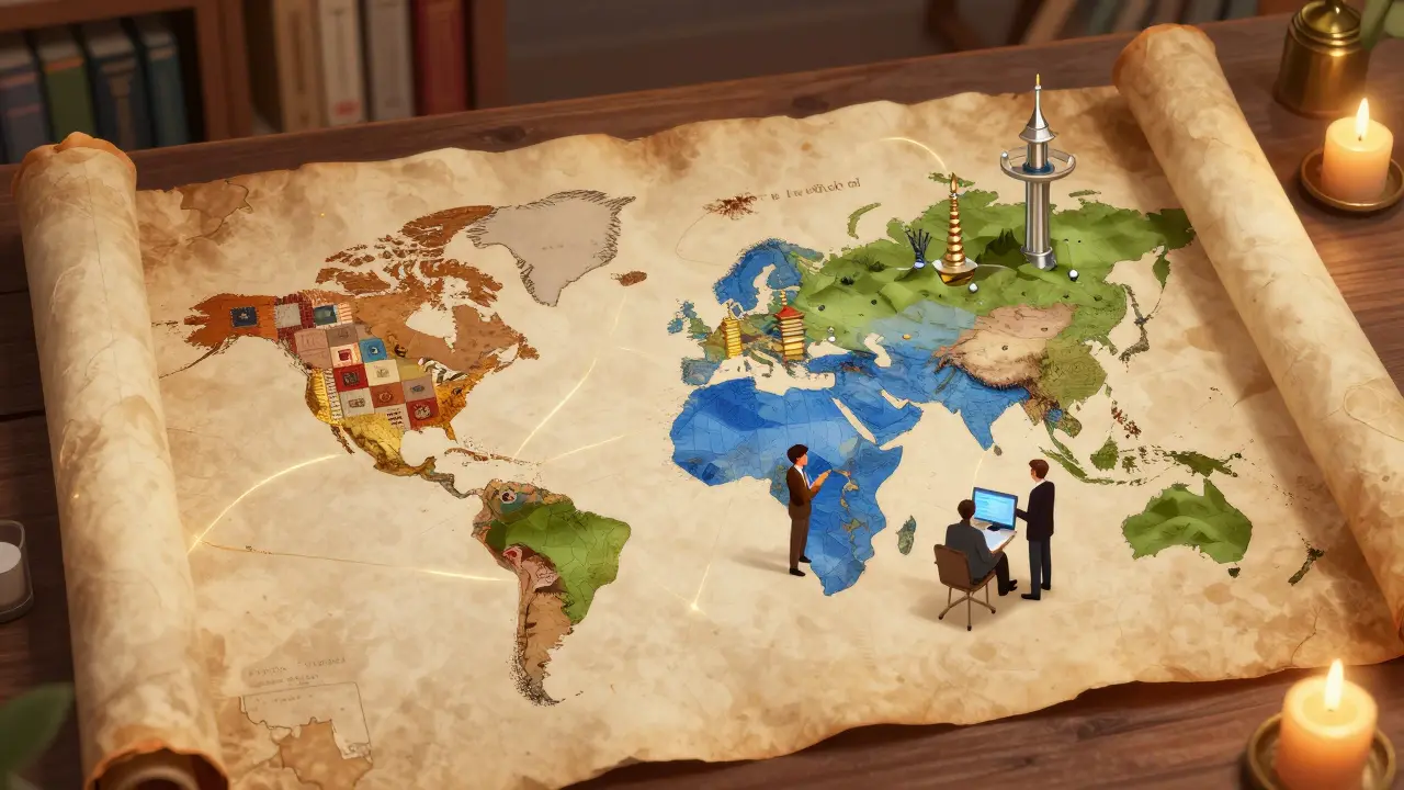 A storybook map showing interconnected global crypto regulatory hubs and compliance threads.