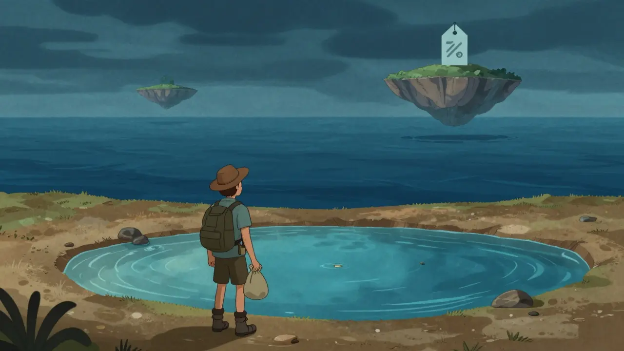 Adventurer weighing risks between a small pond and a vast ocean in storybook art