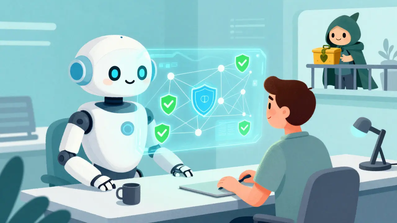 AI robot and human auditor monitoring a smart contract network