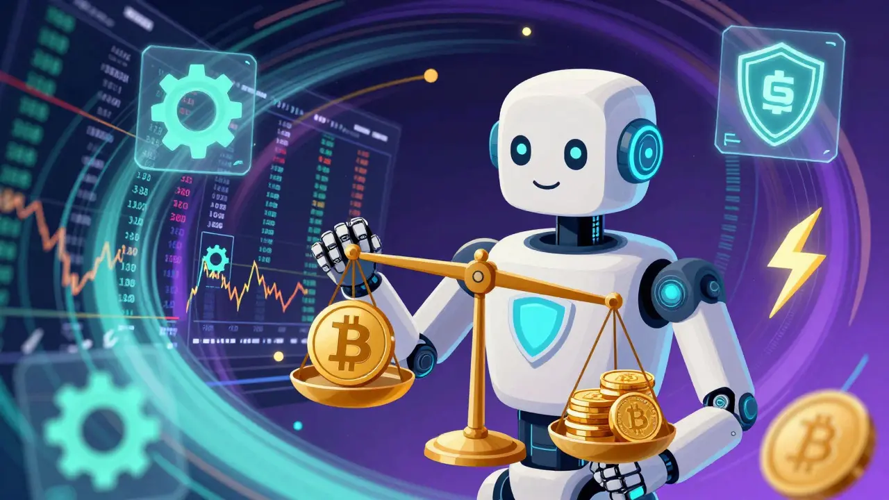 AI robot trader balancing assets and analyzing data in a storybook style