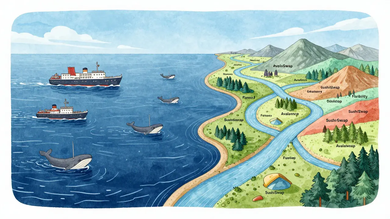 Allegory of deep ocean vs flowing rivers representing DEX liquidity differences