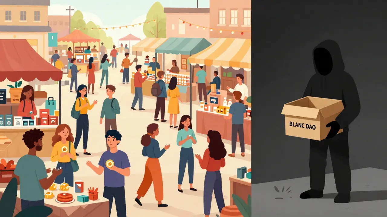 Busy crypto market vs empty box for BLANC DAO scam