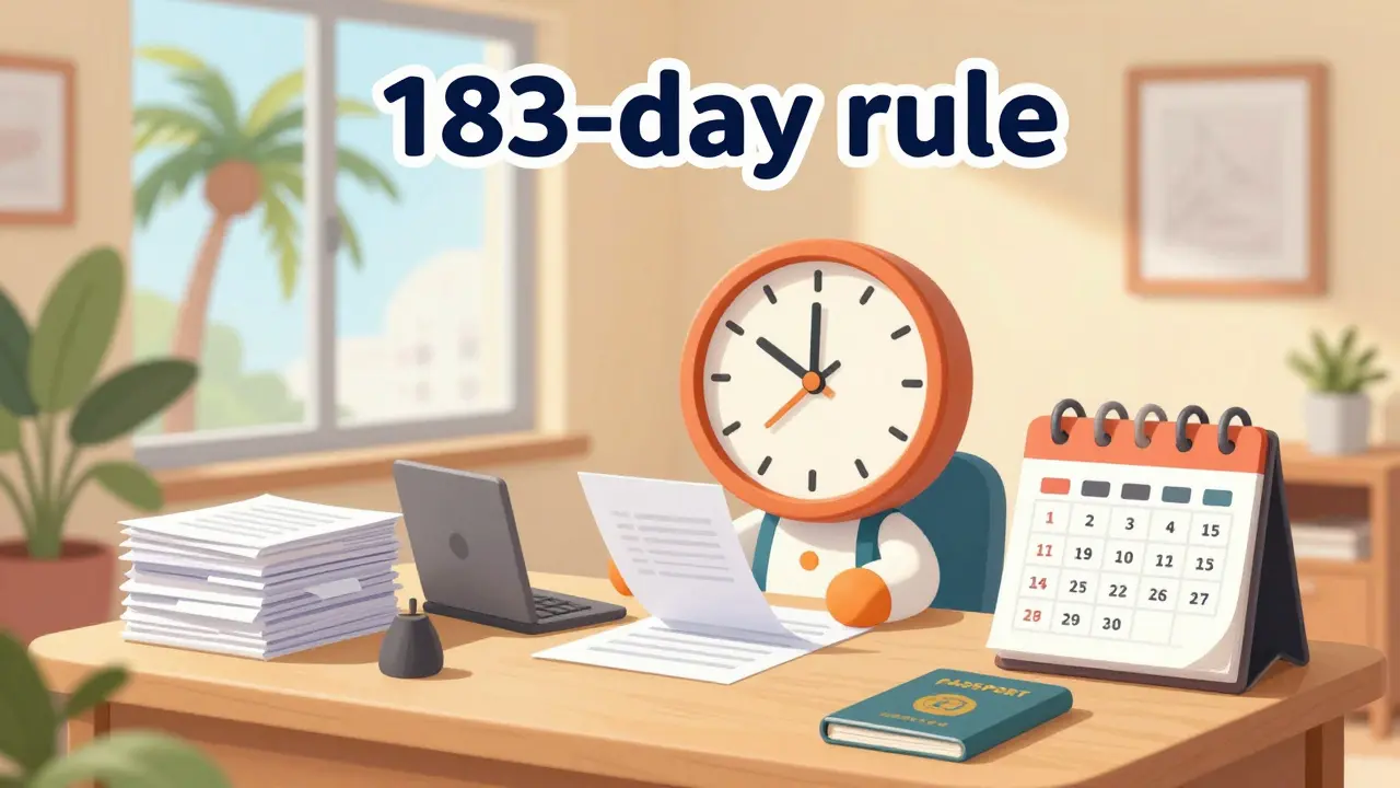 Cartoon character organizing residency documents and calendar in a UAE apartment