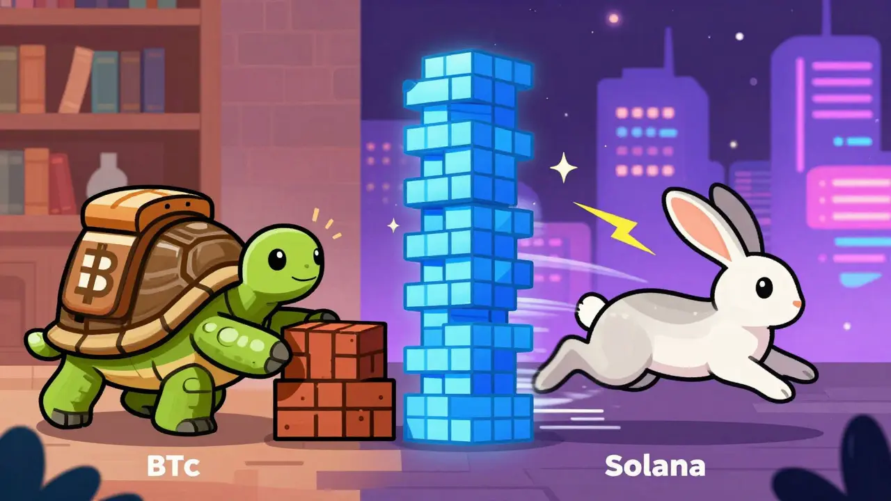 Cartoon comparison of slow Bitcoin mining vs instant Solana finality with a tortoise and hare.