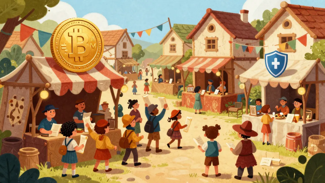 Cartoon market stalls representing crypto platforms and token distribution quests