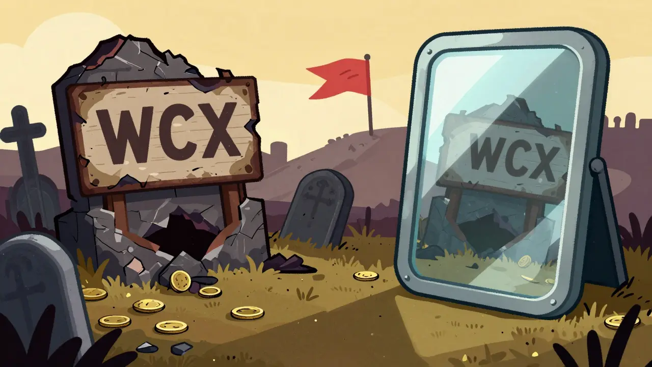 Cartoon showing the connection between a defunct scam exchange and a new suspicious one