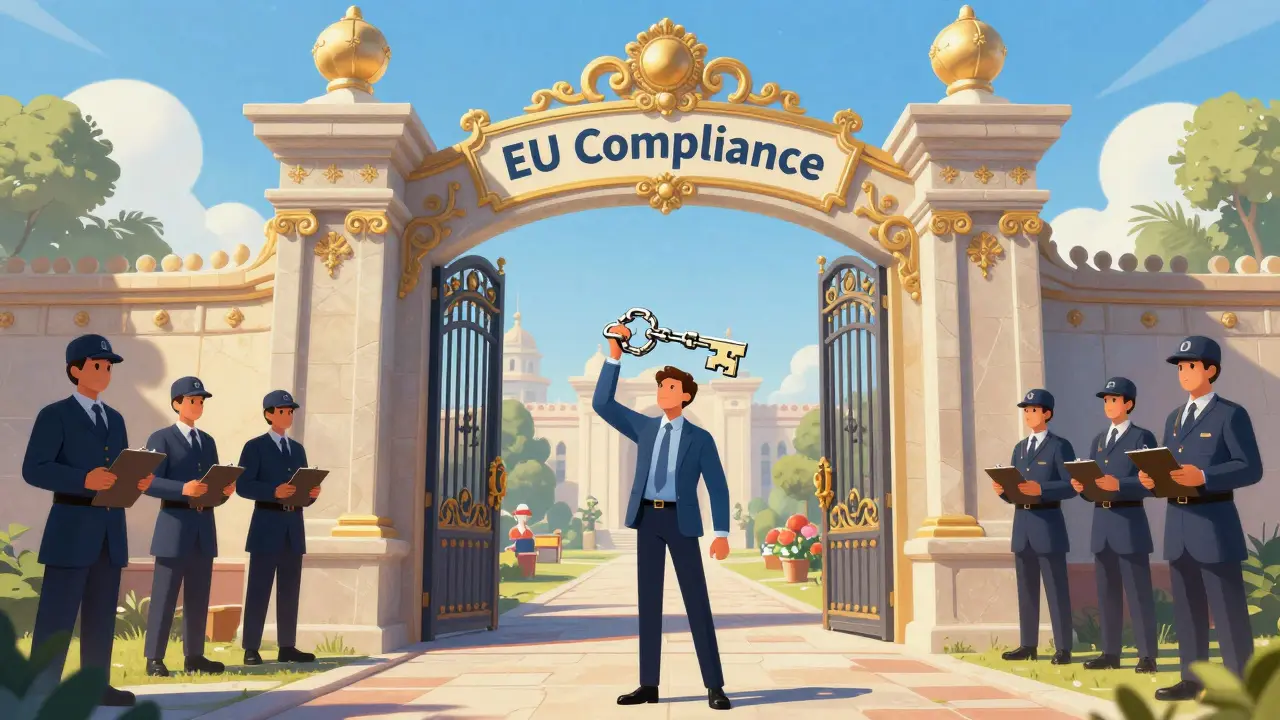 Character with blockchain key approaching compliance gate in storybook style