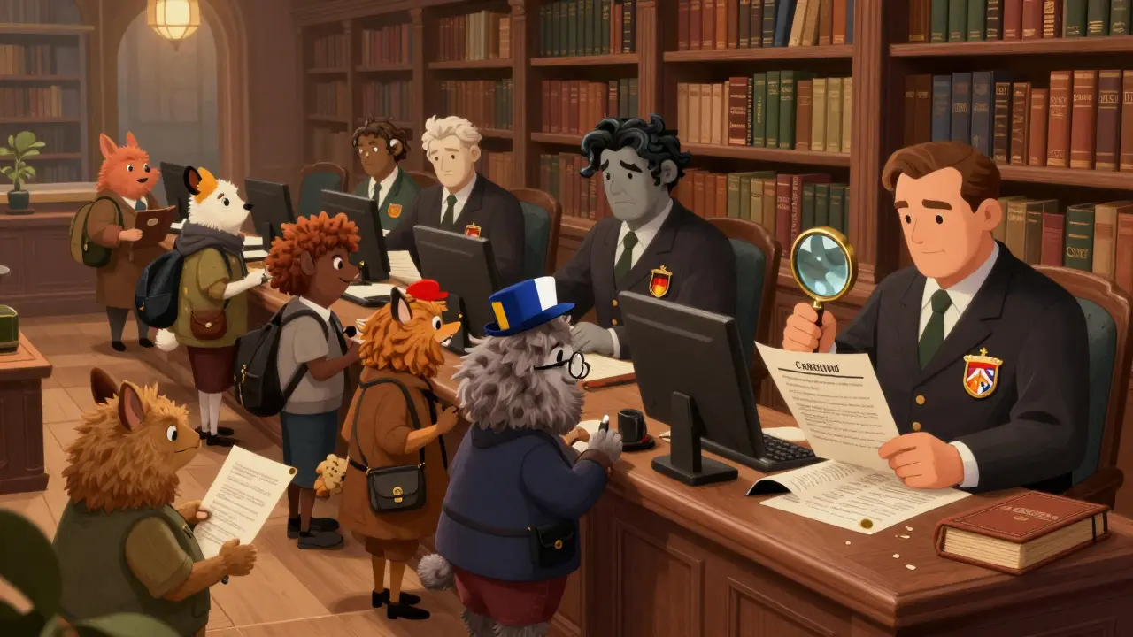 Crypto firms applying for licenses at desks staffed by various European regulators in a library.