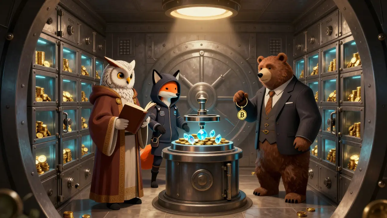 DAO guardians overseeing a secure vault where Bitcoin is converted into wrapped tokens