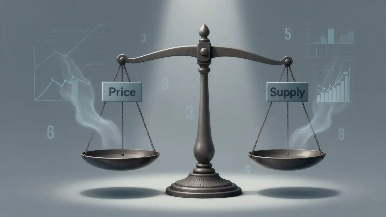 Empty scales showing zero supply and price with fading numbers