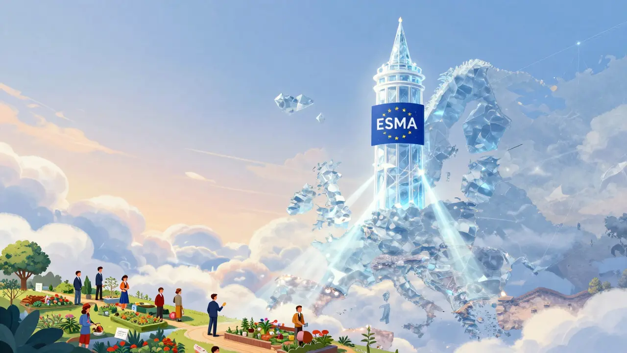 ESMA tower overlooking national regulators, symbolizing future centralized EU crypto oversight.