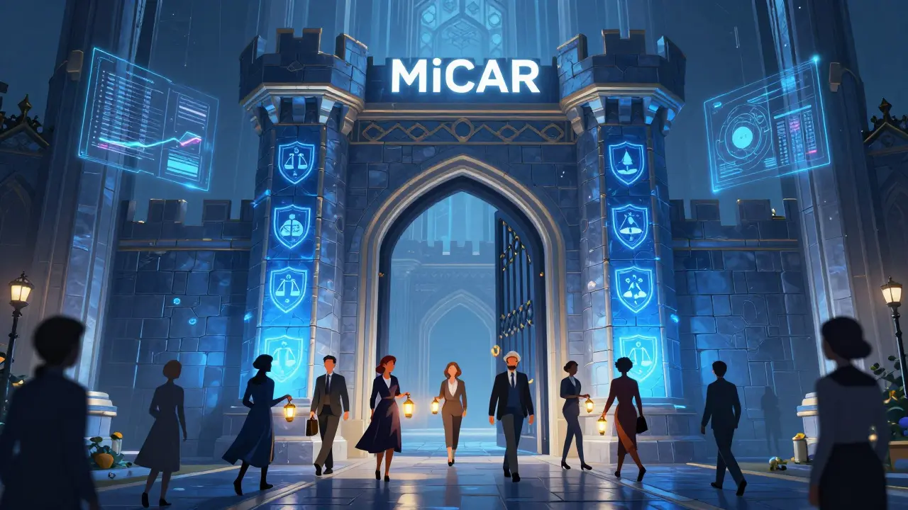 Fantasy art of merchants passing through a glowing, structured gate representing European crypto regulations.