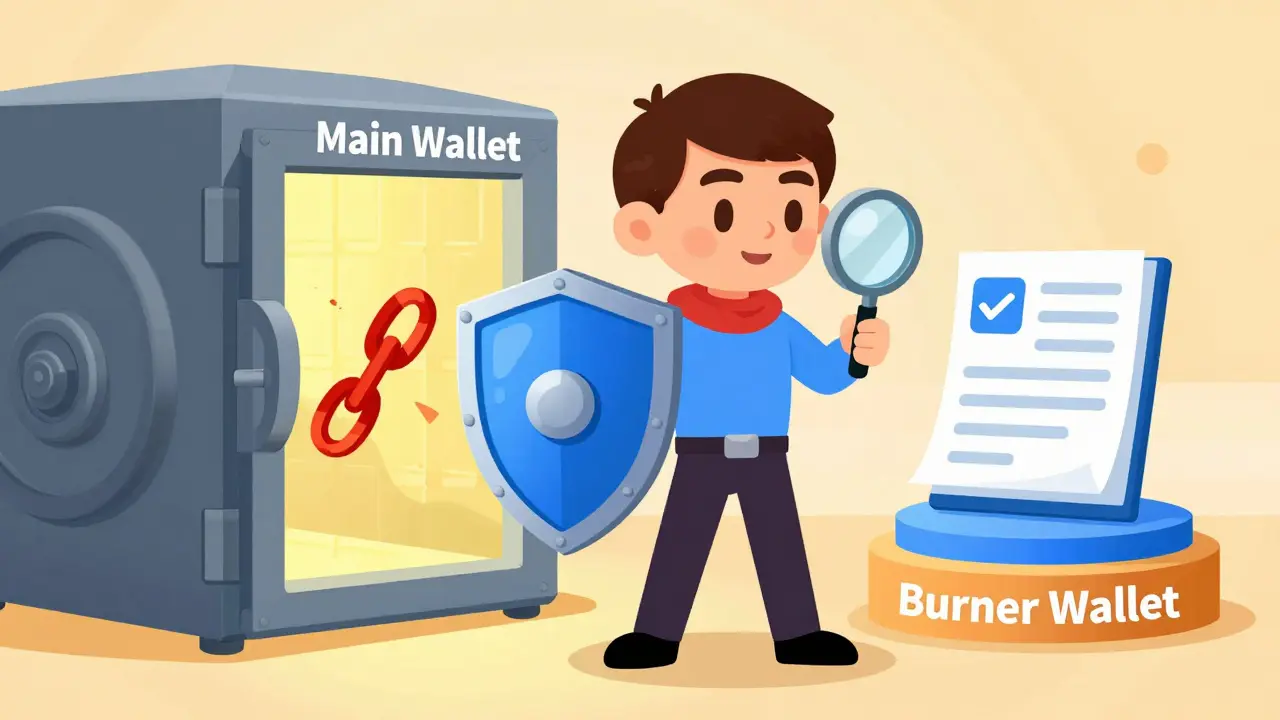Hero protecting a main wallet vault from malicious links with a shield.