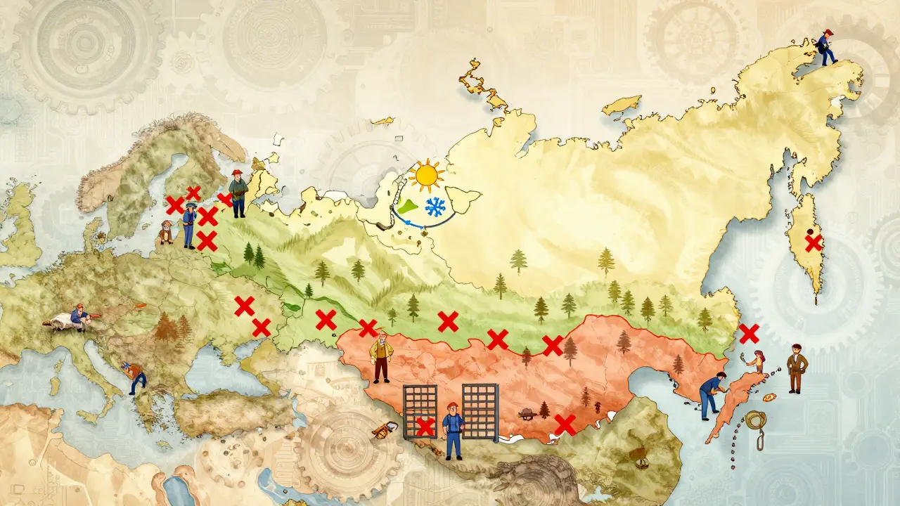 Illustrated map of Russia showing banned and seasonal mining zones