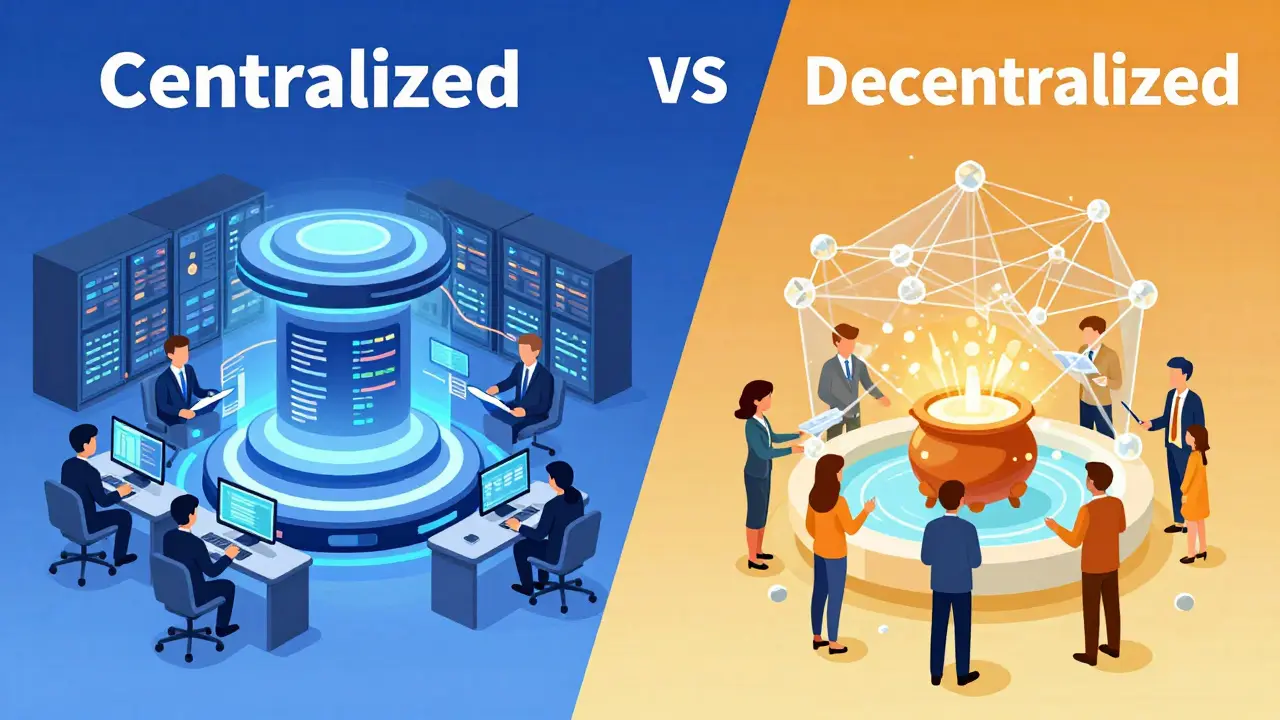 Illustration comparing centralized servers and decentralized blockchain pools