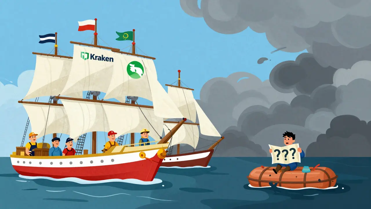 Illustration contrasting safe, established crypto platforms with a risky unknown exchange